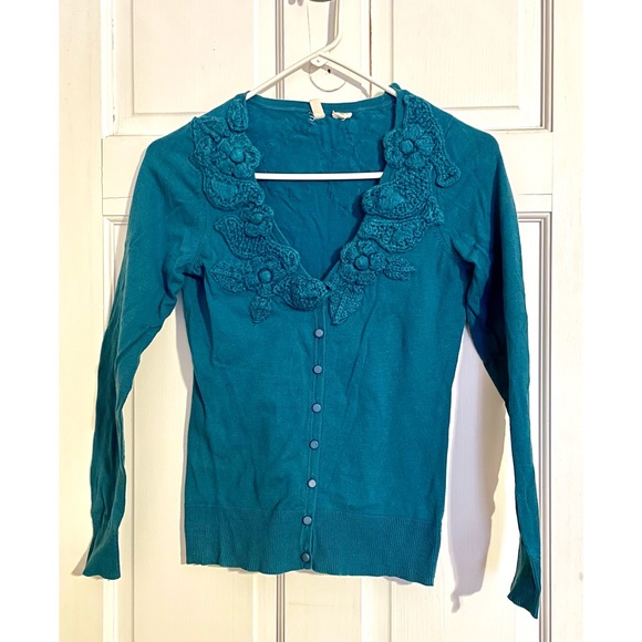 Anthropologie Moth Teal Cotton Sweater, Pre-loved, size XS - Picture 2 of 4